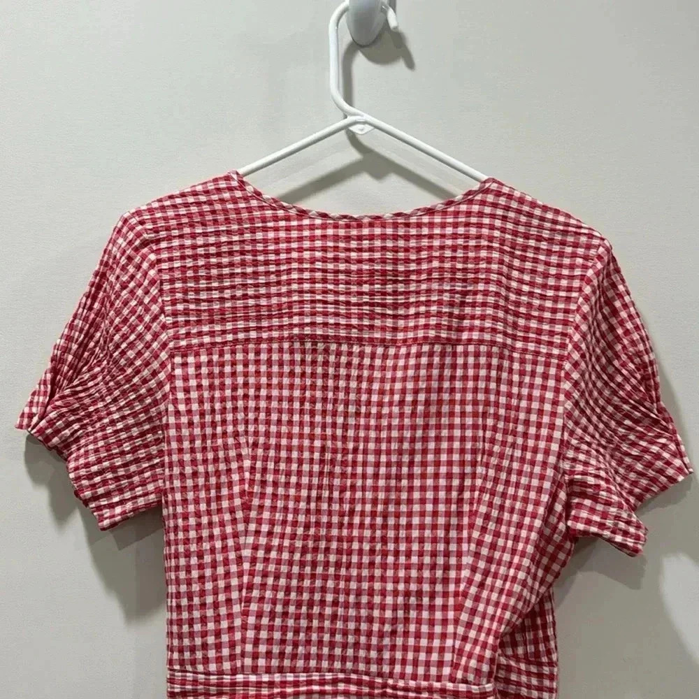 Max Studio Red and White Check Short Sleeve Wrap Shirt - Size L - Picture 7 of 9
